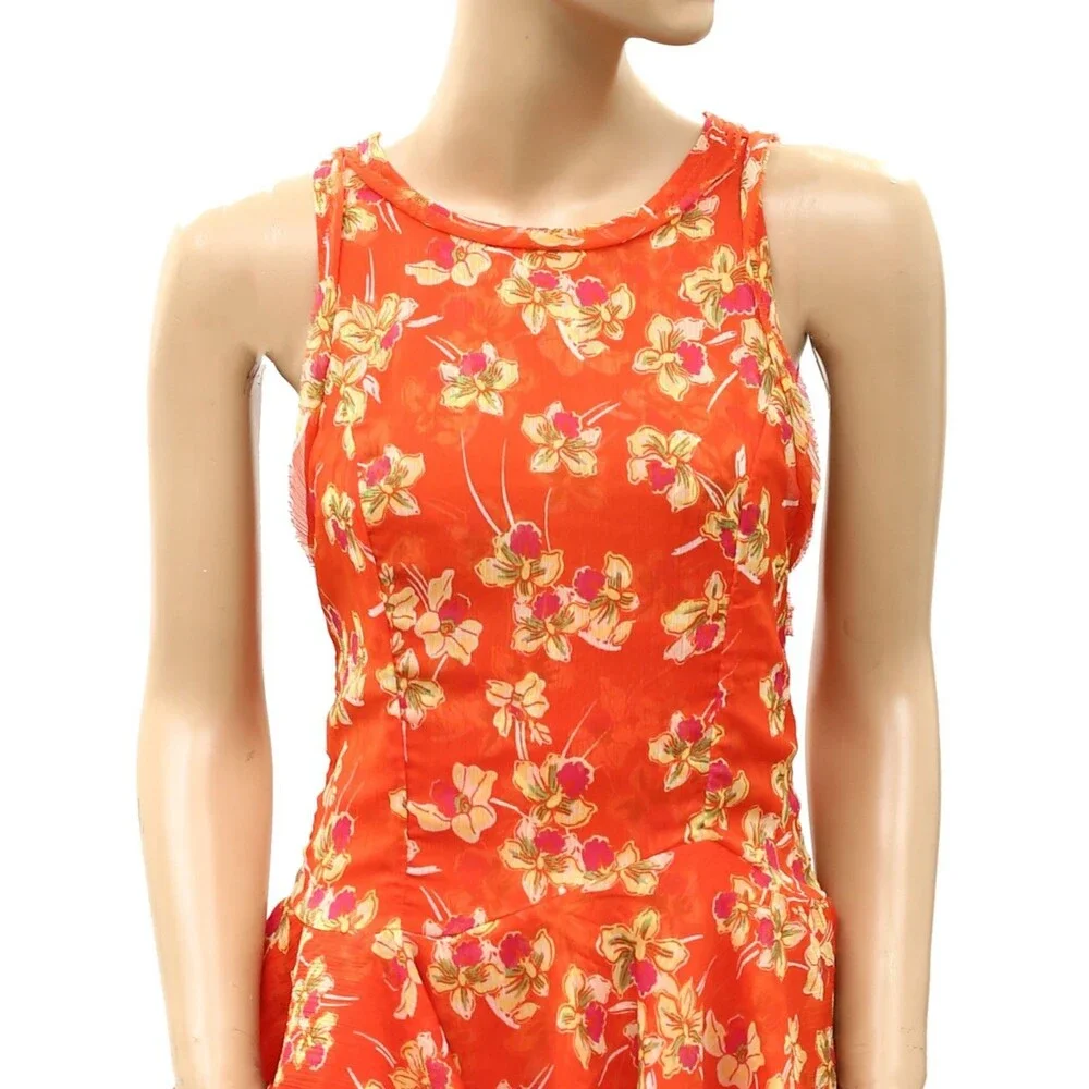 Free People Raven Printed Mini Dress Smocked Keyhole Ruffle Trendy S 288782